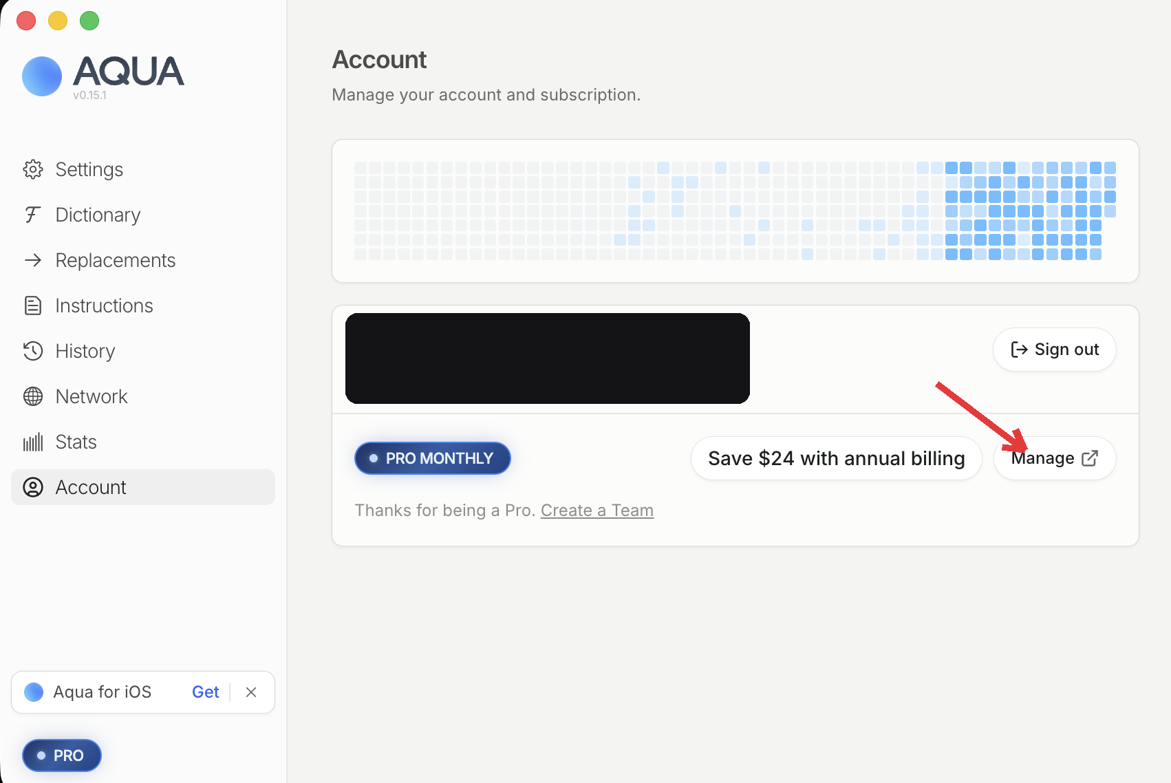 Aqua Voice アカウント画面のManageボタン