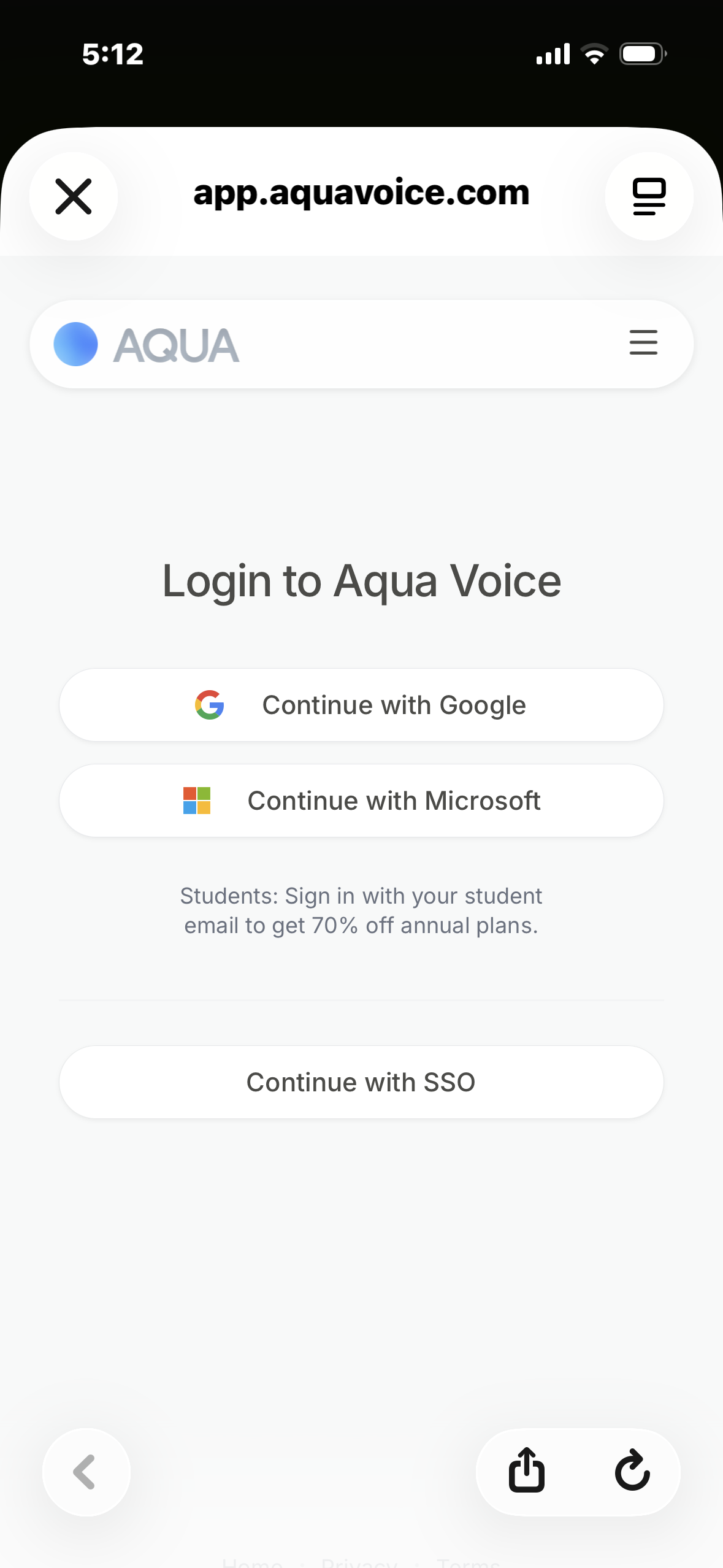 Aqua Voice のログイン認証画面