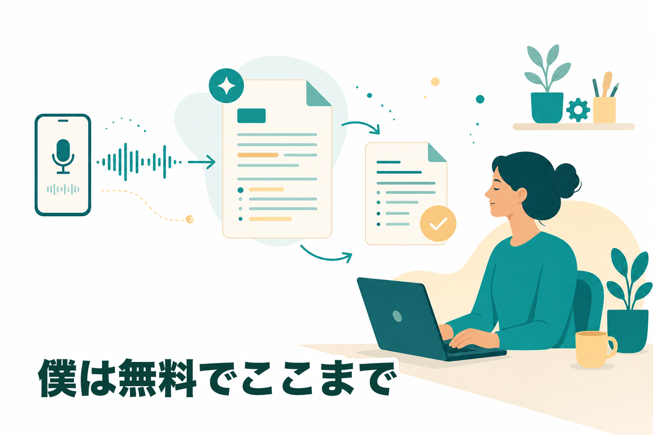 iPhone標準の録音とNotebookLMの要約という無料の道具を、使いこなして滑らかにワークフローを回しているイメージ