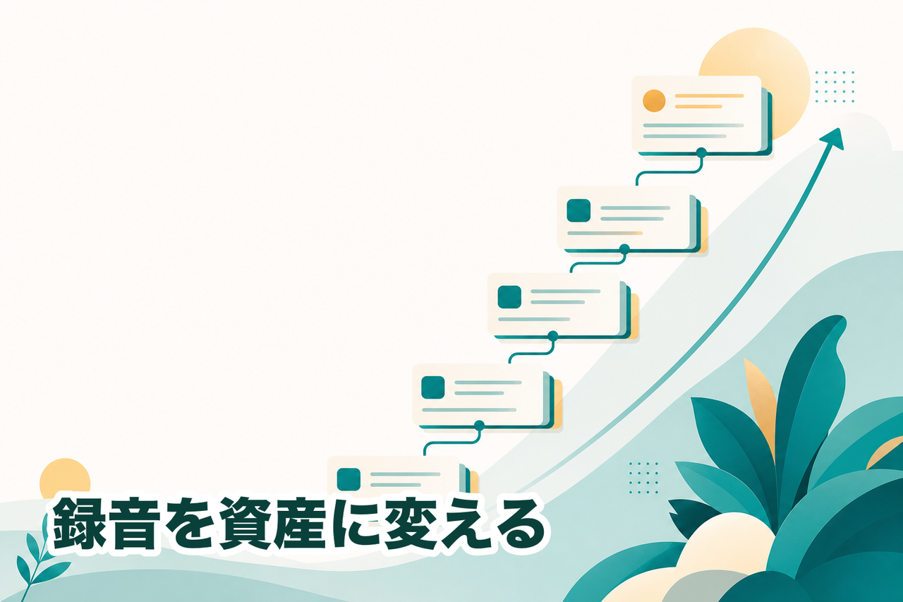 整理されたノートが連動しながら積み上がり、右肩上がりに伸びていく様子。録音を情報資産に変えるイメージ