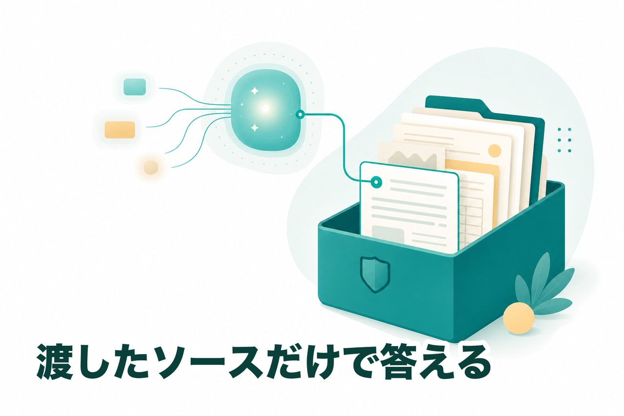 渡したソースの範囲だけで答え、答えの根拠が渡した資料に紐づくNotebookLMのイメージ