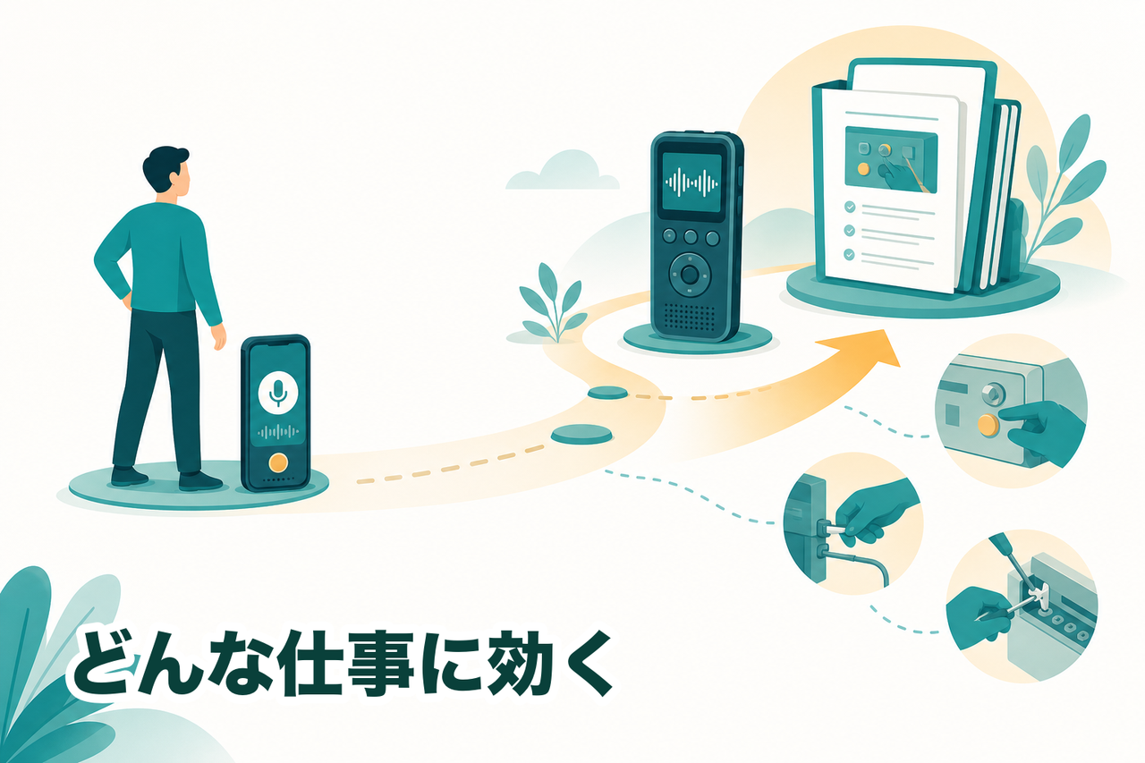 無料のスマホのボイスメモから始め、必要になったらPLAUDなどの録音デバイスへ。やって見せられる業務に効き、整った手順書が積み上がっていくイメージ