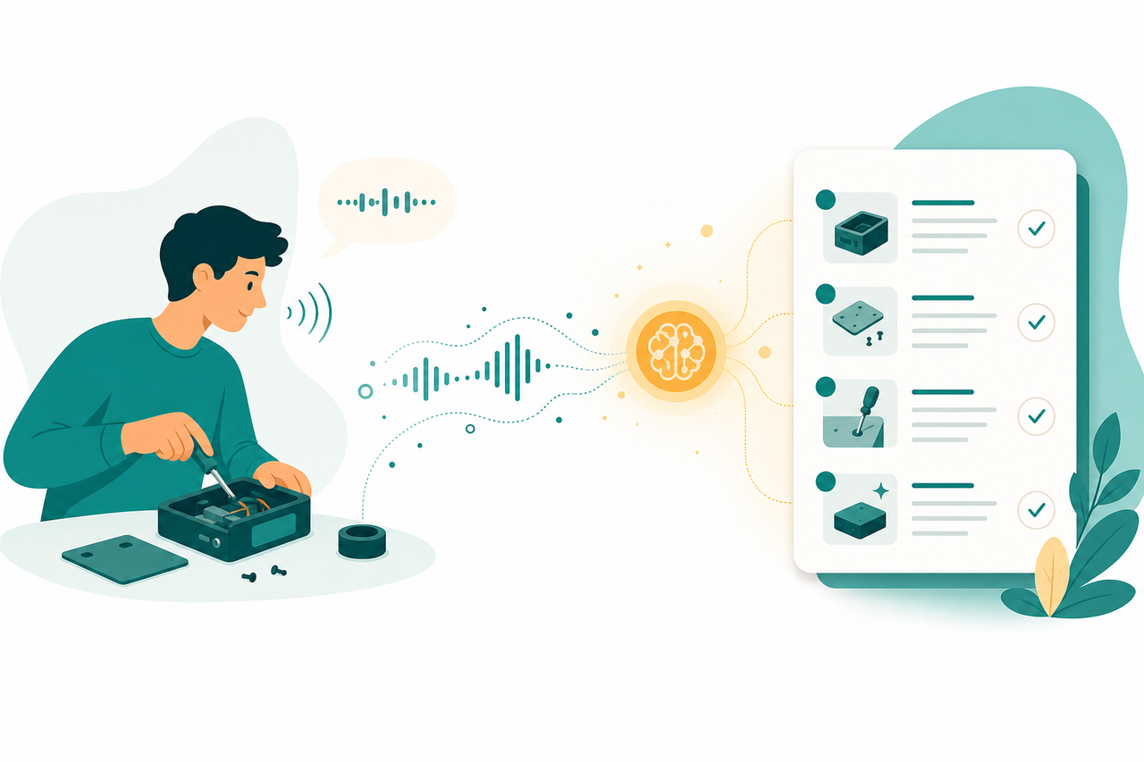 作業しながら操作を声に出して実況・録音すると、その声がAIによって手順番号付きの整ったマニュアル・手順書に変換されていくイメージ