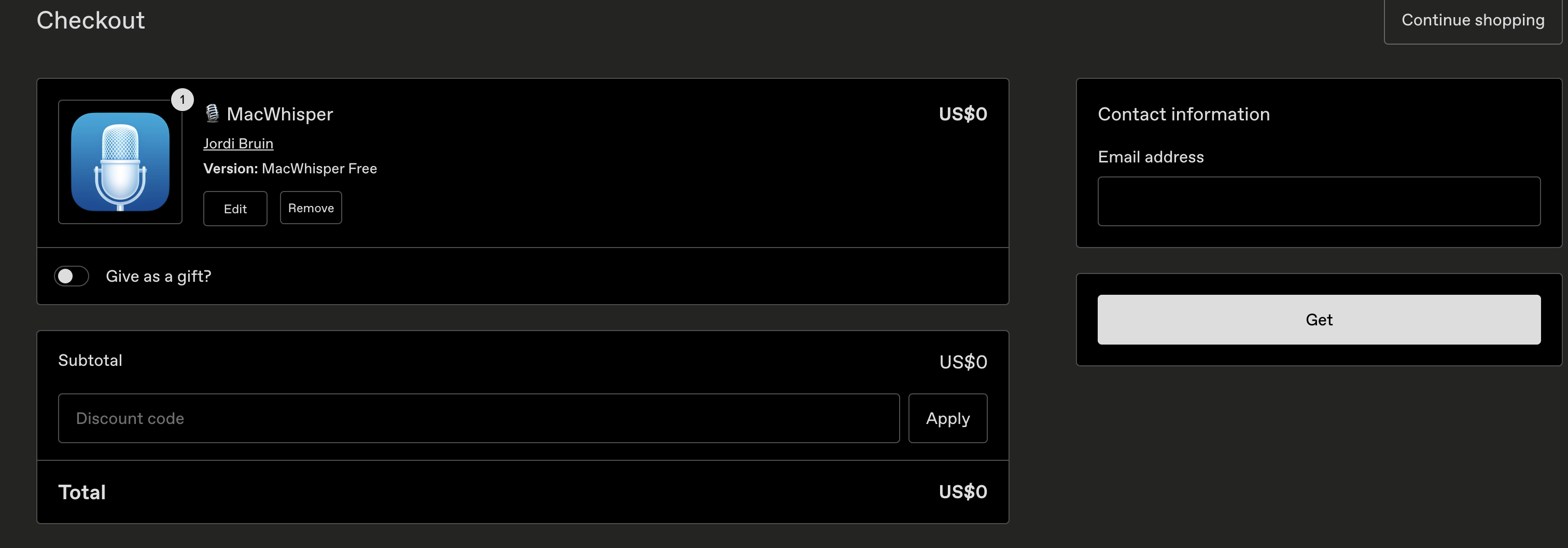 MacWhisper無料版のチェックアウト画面。価格はUS$0で、メールアドレスを入力してGetを押す